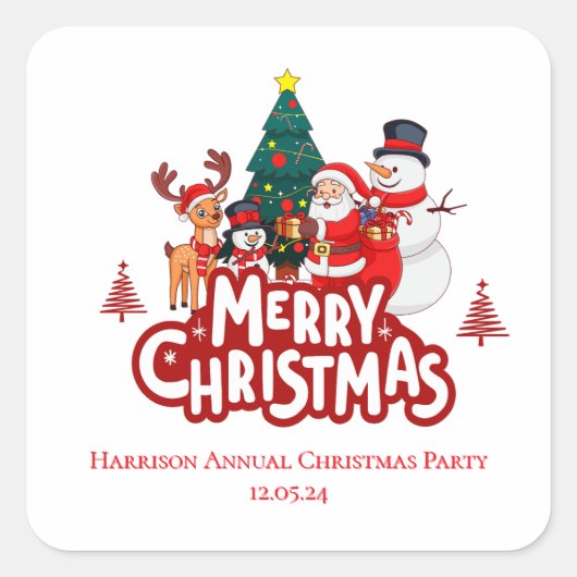 Red & White Simple Merry Christmas スクエアシール (正面)