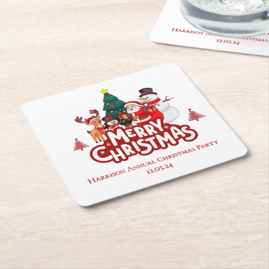 Red & White Simple Merry Christmas スクエアペーパーコースター (アングル)