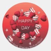 Red White Striped 3D Hearts Happy Valentine's Day ラウンドシール (正面)