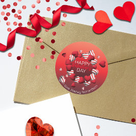 Red White Striped 3D Hearts Happy Valentine's Day ラウンドシール