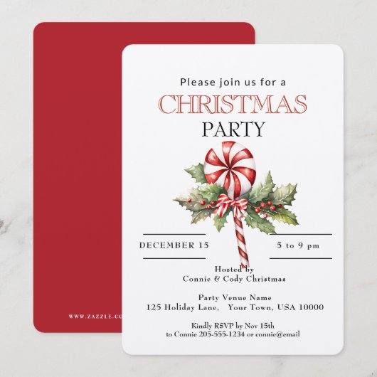 Red & White Striped Lollipop, Christmas Party 招待状 (正面/裏面)
