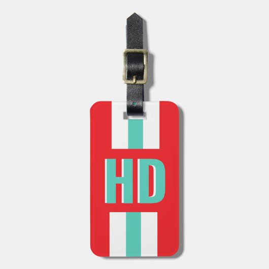 Red & white striped Shadow Monogram retro travel ラゲッジタグ (正面縦)