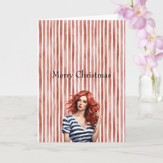Red White Stripes Christmas Woman Red Hair カード (蘭)