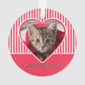 Red & White Stripes Custom Cat Photo Heart Holiday オーナメント (裏面)