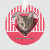 Red & White Stripes Custom Cat Photo Heart Holiday オーナメント (正面)