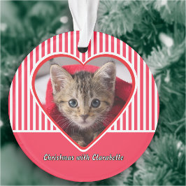 Red & White Stripes Custom Cat Photo Heart Holiday オーナメント