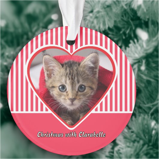 Red & White Stripes Custom Cat Photo Heart Holiday オーナメント