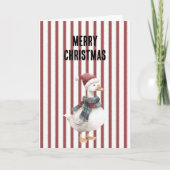 Red White Stripes Goose with Santa Hat Christmas カード (正面)