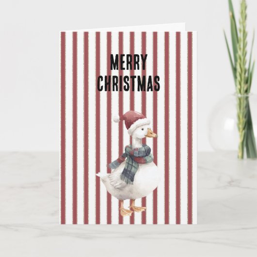 Red White Stripes Goose with Santa Hat Christmas カード (正面)