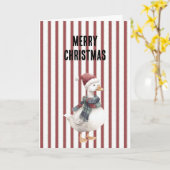 Red White Stripes Goose with Santa Hat Christmas カード (黄色い花)