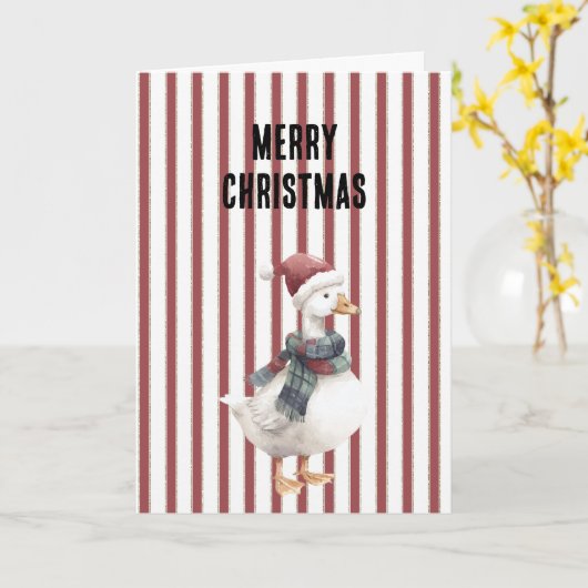 Red White Stripes Goose with Santa Hat Christmas カード (黄色い花)