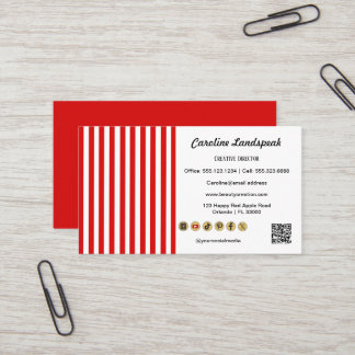 Red White Stripes & QR Code & Social Media Icons 名刺