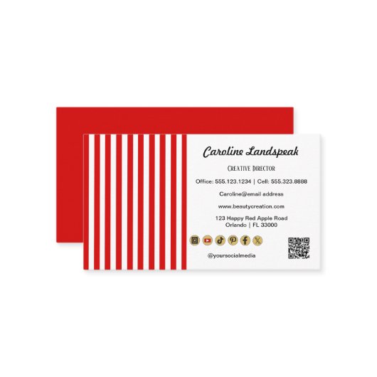 Red White Stripes & QR Code & Social Media Icons 名刺 (正面/裏面インサイチュ)