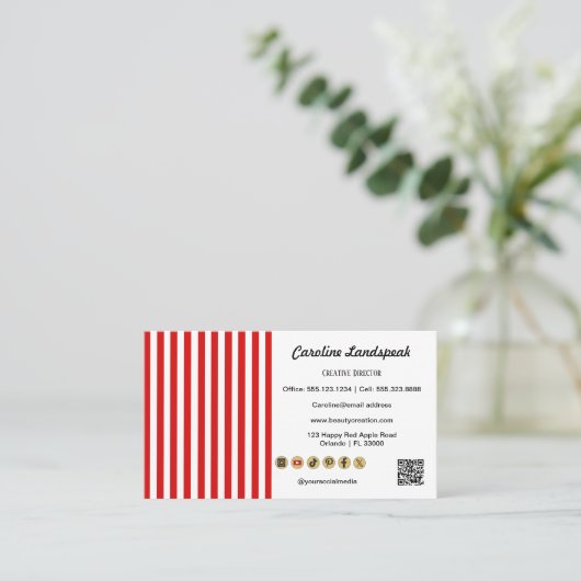 Red White Stripes & QR Code & Social Media Icons 名刺 (スタンド正面)