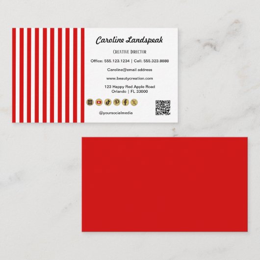 Red White Stripes & QR Code & Social Media Icons 名刺 (正面/裏面)