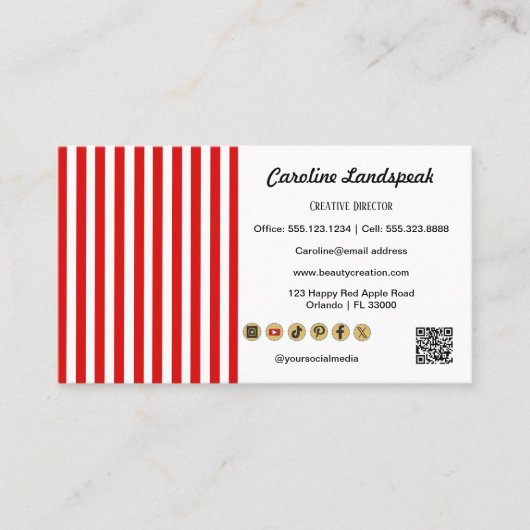 Red White Stripes & QR Code & Social Media Icons 名刺 (正面)