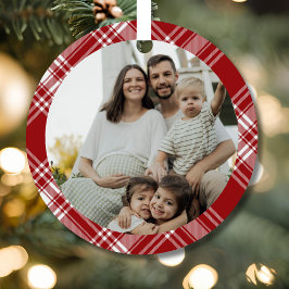 Red White Tartan Plaid Family Photo Ornament メタルオーナメント