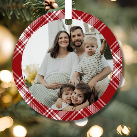 Red White Tartan Plaid Family Photo Ornament メタルオーナメント