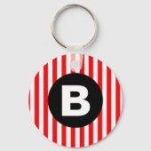 Red White Vertical Stripes Black Monogram キーホルダー (正面)