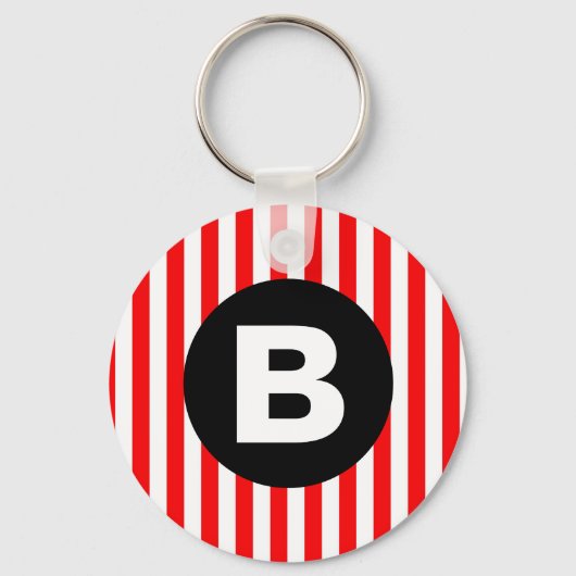 Red White Vertical Stripes Black Monogram キーホルダー (正面)