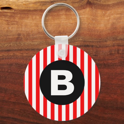 Red White Vertical Stripes Black Monogram キーホルダー (裏面)