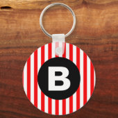 Red White Vertical Stripes Black Monogram キーホルダー (正面)