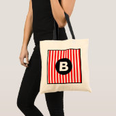 Red White Vertical Stripes Black Monogram トートバッグ (正面(商品))