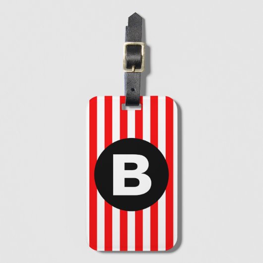 Red White Vertical Stripes Black Monogram ラゲッジタグ (正面縦)