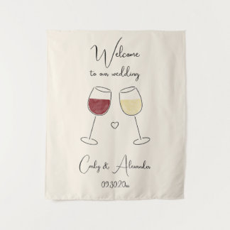 Red White Wine Glass Wedding Welcome タペストリー