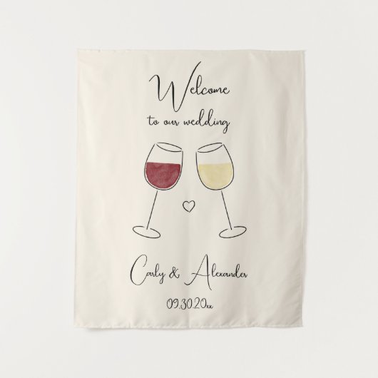 Red White Wine Glass Wedding Welcome タペストリー (正面)