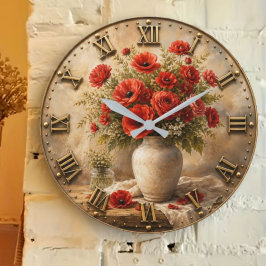 Red Wildflower Bouquet Rustic Floral Farmhouse ラージ壁時計