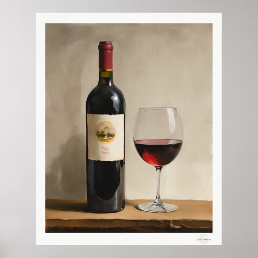 Red Wine Bottle and Glass Poster ポスター (正面)