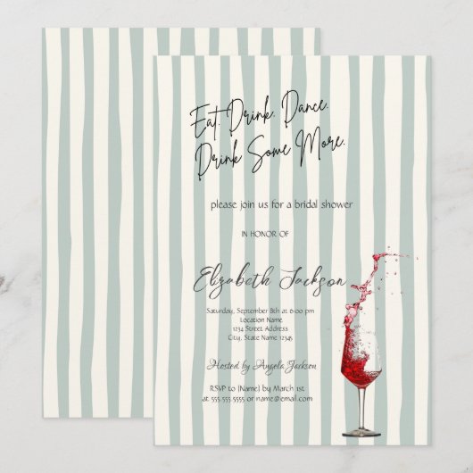 Red Wine Glass Green Stripes Bridal Shower 招待状 (正面/裏面)