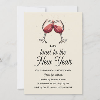 Red Wine Glasses Hand Drawn New Year's Eve Party 招待状