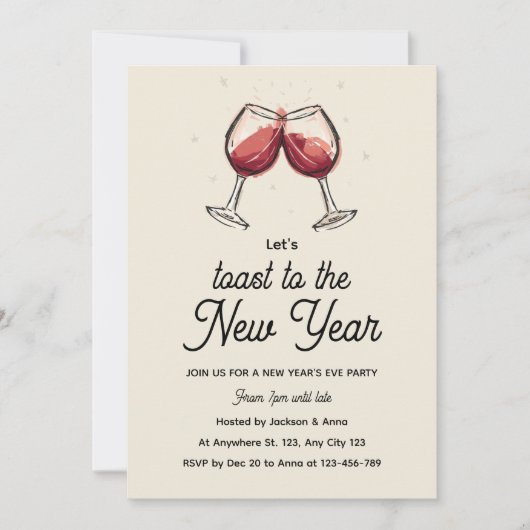 Red Wine Glasses Hand Drawn New Year's Eve Party 招待状 (正面)