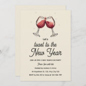 Red Wine Glasses Hand Drawn New Year's Eve Party 招待状 (正面/裏面)