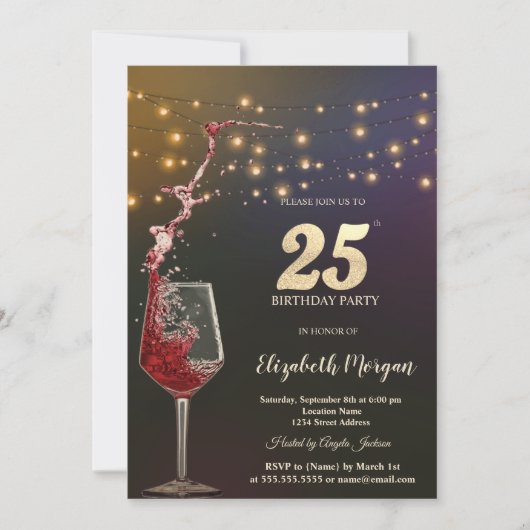 Red Wine String Lights 25th Birthday Party 招待状 (正面)