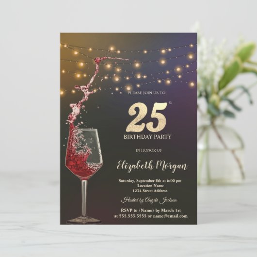 Red Wine String Lights 25th Birthday Party 招待状 (スタンド正面)