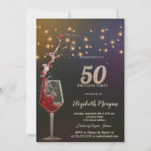 Red Wine String Lights 50th Birthday Party 招待状 (正面)