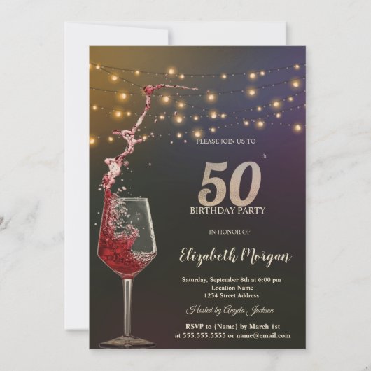 Red Wine String Lights 50th Birthday Party 招待状 (正面)