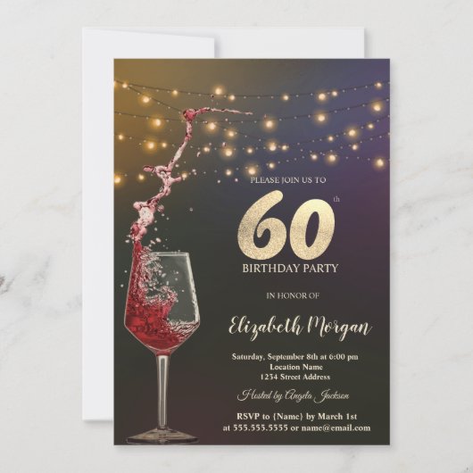 Red Wine String Lights 60th Birthday Party 招待状 (正面)