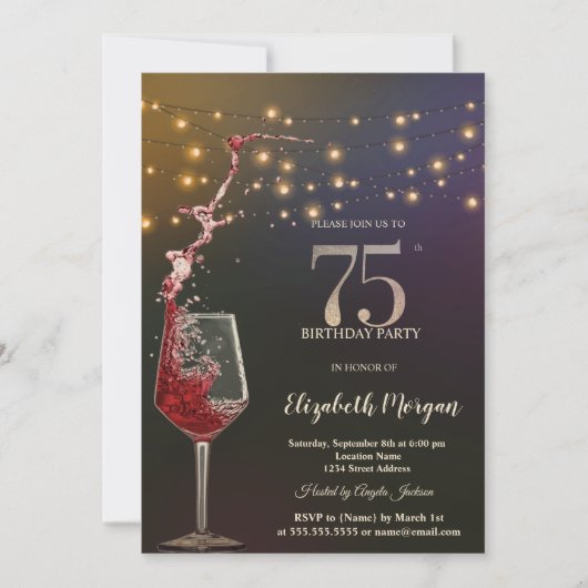 Red Wine String Lights 75th Birthday Party 招待状 (正面)
