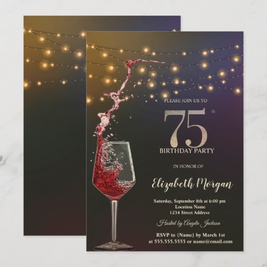 Red Wine String Lights 75th Birthday Party 招待状 (正面/裏面)