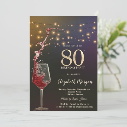 Red Wine String Lights 80th Birthday Party 招待状 (スタンド正面)