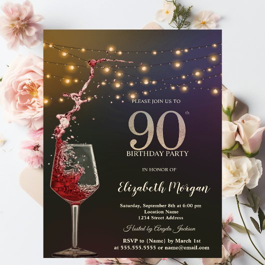 Red Wine String Lights 90th Birthday Party 招待状
