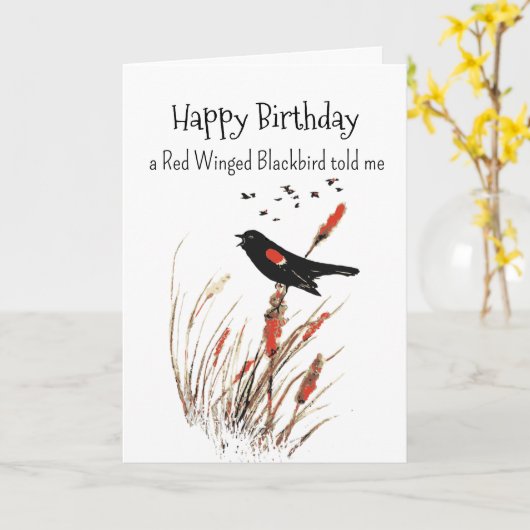 Red Winged Blackbird Personality Birthday Fun Bird カード (黄色い花)