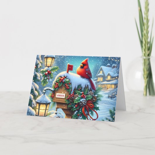 Red Winter Cardinal on Mailbox Christmas シーズンカード (正面)