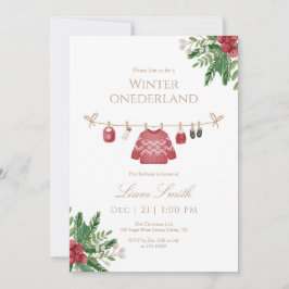 Red Winter Onederland First Birthday Invitation サンキューカード