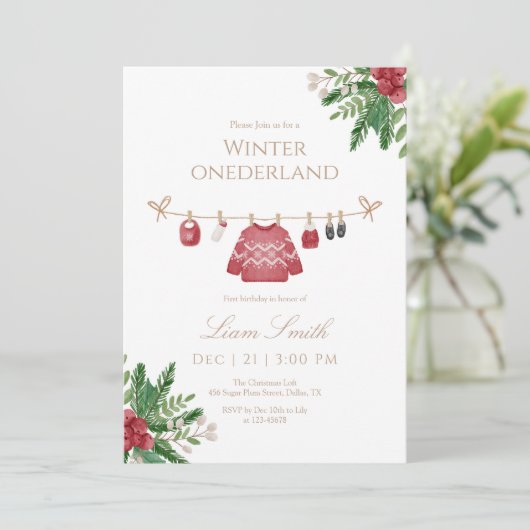 Red Winter Onederland First Birthday Invitation サンキューカード (スタンド正面)