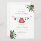Red Winter Onederland First Birthday Invitation サンキューカード (正面/裏面)
